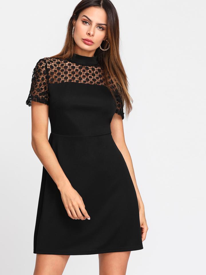 Romwe Floral Lace Yoke Dress