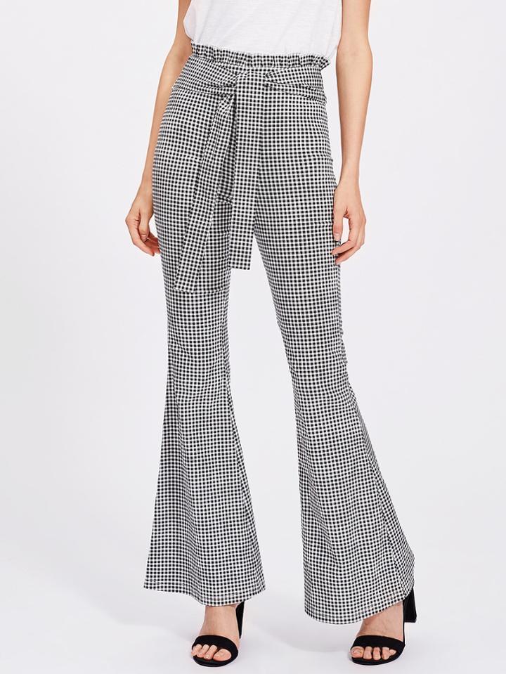 Romwe Self Tie Ruffle Waist Gingham Flared Pants