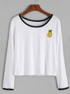 Romwe White Contrast Trim Pineapple Embroidery Patch Crop T-shirt