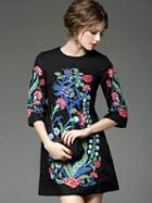 Romwe Black Round Neck Length Sleeve Embroidered Pockets Dress