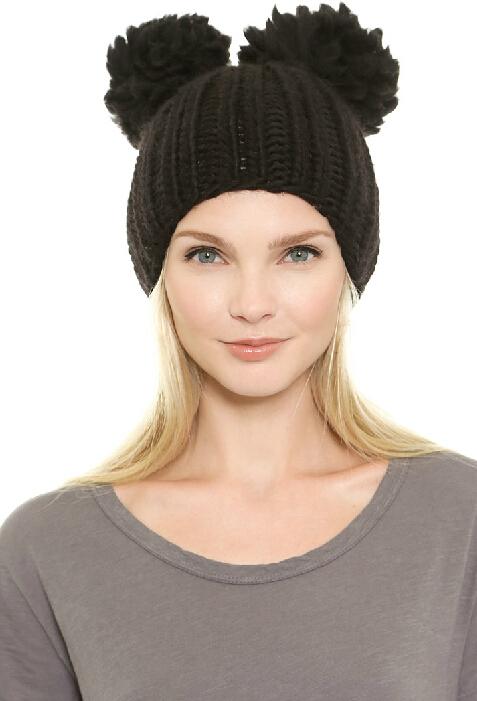 Romwe Twin Pompon Embellished Beanie--black