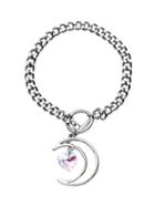 Romwe Silver Plated Crystal And Crescent Charm Link Bracelet