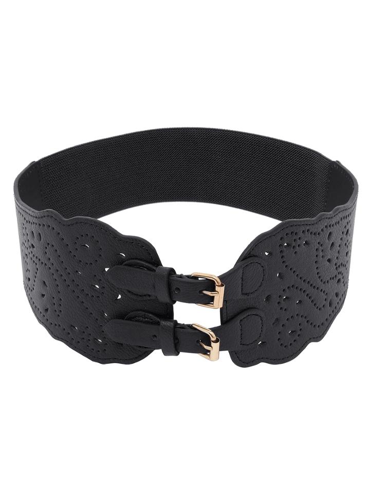 Romwe Laser-cut Wide Waist Dual Buckle Belt - Black