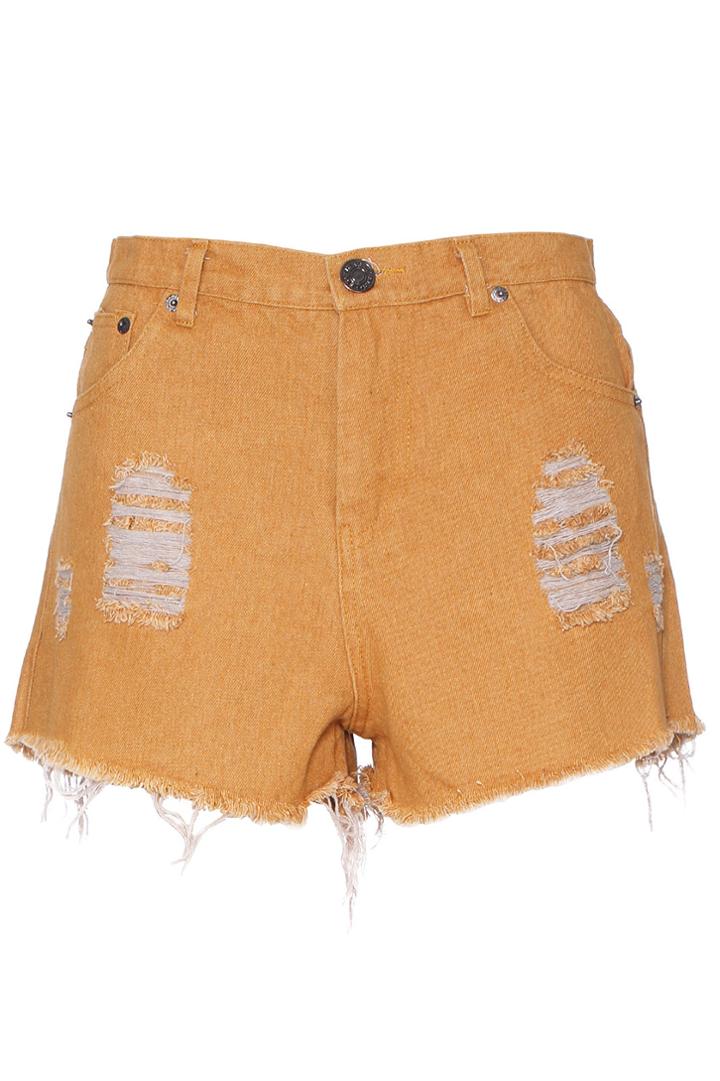 Romwe Romwe Ripped Zippered Yellow Shorts