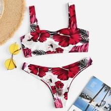 Romwe Random Floral Square Neck Top With Low Rise Bikini