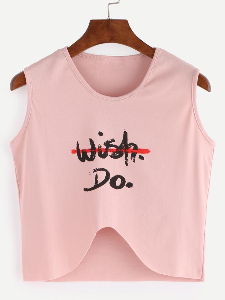Romwe Letter Print Asymmetric Crop Tank Top - Pink