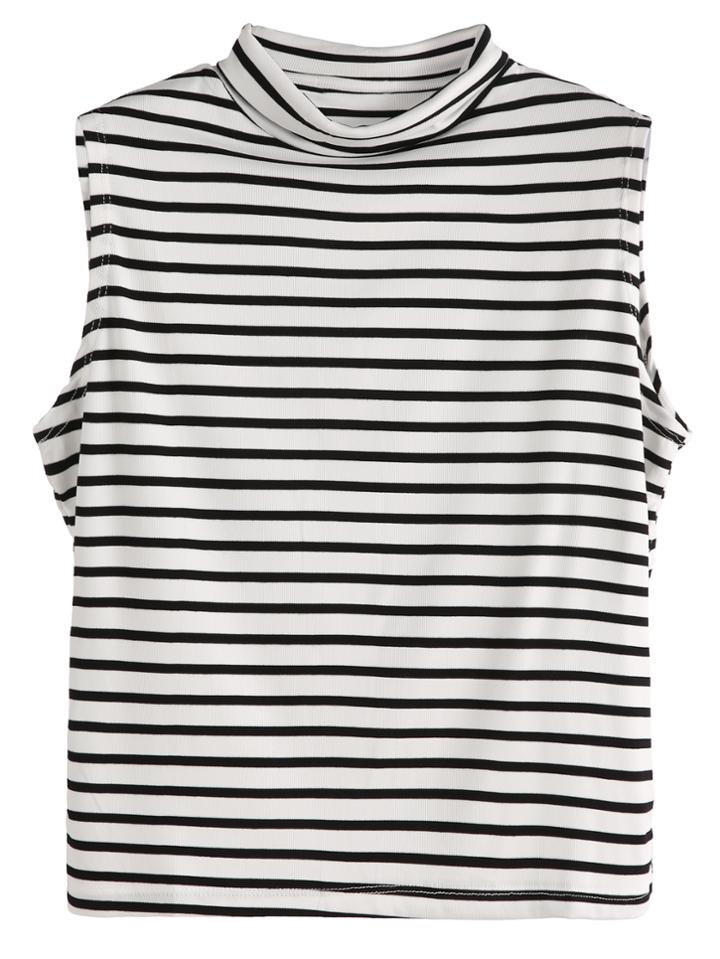 Romwe Black And White Striped Sleeveless Mock Neck Top