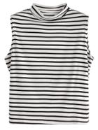 Romwe Black And White Striped Sleeveless Mock Neck Top