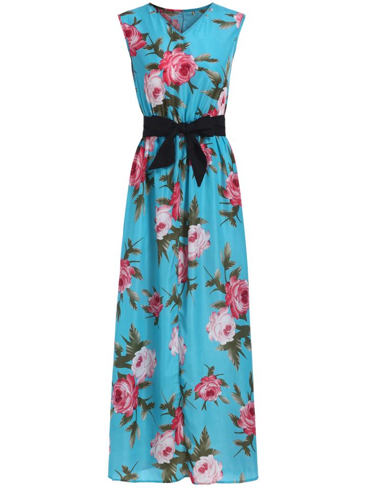 Romwe V Neck Sleeveless Florals With Belt Dress