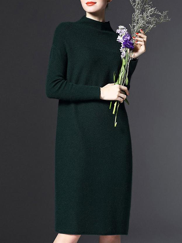 Romwe Dark Green Collar Long Sleeve Knit Dress