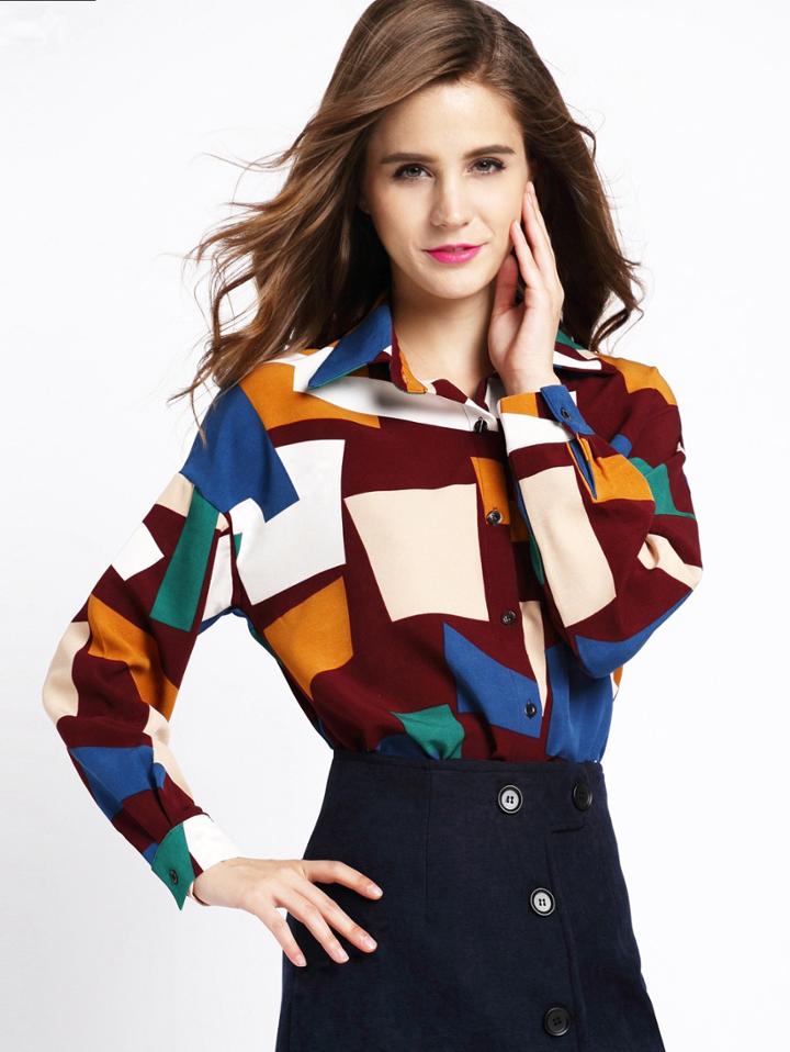 Romwe Lapel Long Sleeve Patchwork Buttons Blouse