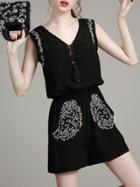 Romwe Black V Neck Elastic-waist Embroidered Jumpsuit
