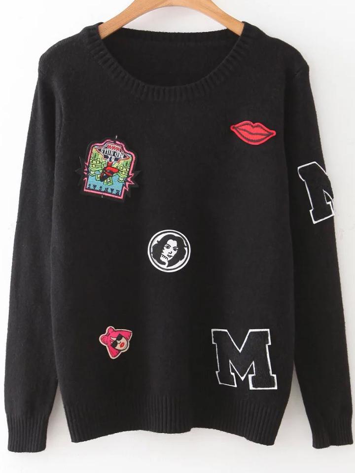 Romwe Black Patch Embellished Ribbed Trim Sweater