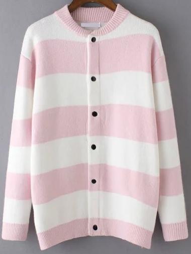 Romwe Women Striped Buttons Pink Coat