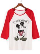 Romwe Raglan Sleeve Mickey Print Red T-shirt