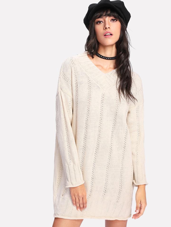 Romwe V Neckline Drop Shoulder Rolled Trim Sweater Dress