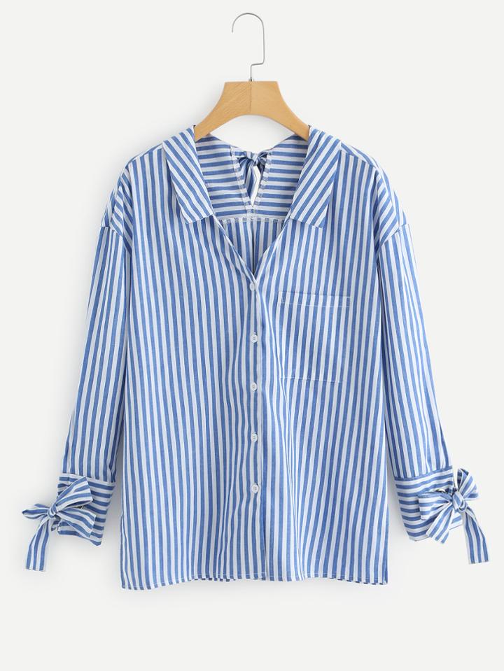 Romwe Self Tie Striped Blouse