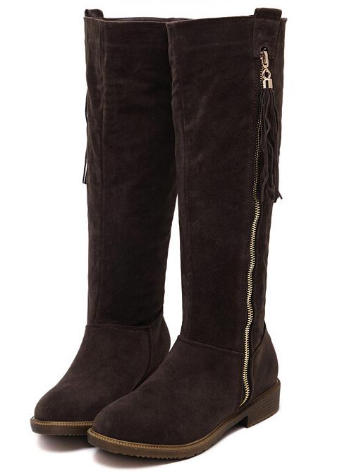 Romwe Coffee Round Toe Zipper Tassel Boots
