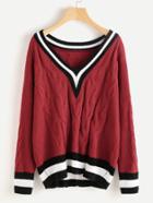 Romwe Varsity Striped Trim Cable Knit Jumper