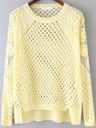 Romwe Open-knit Dip Hem Crochet Yellow Sweater