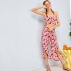 Romwe Leaf Print Bandeau Top & Split Pants