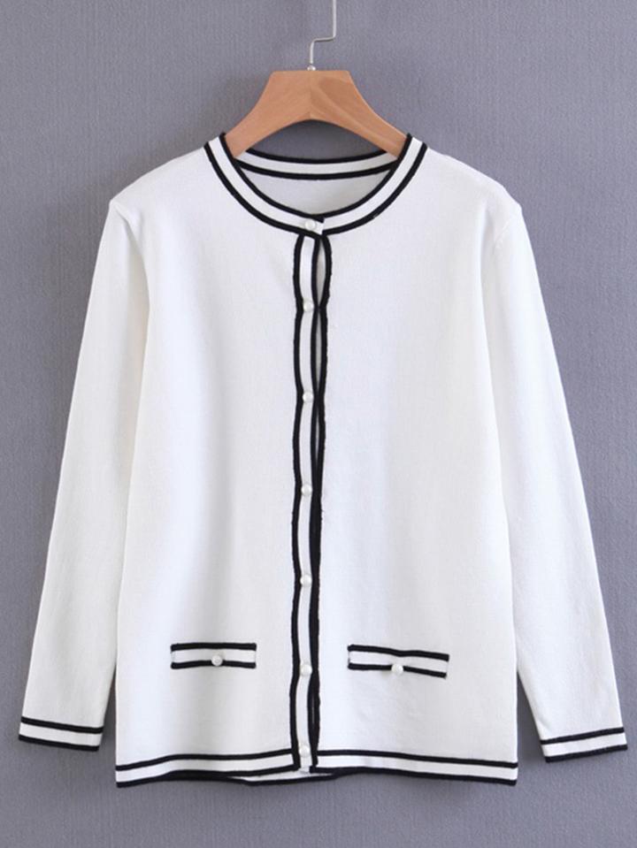 Romwe Contrast Trim Faux Pearl Button Cardigan