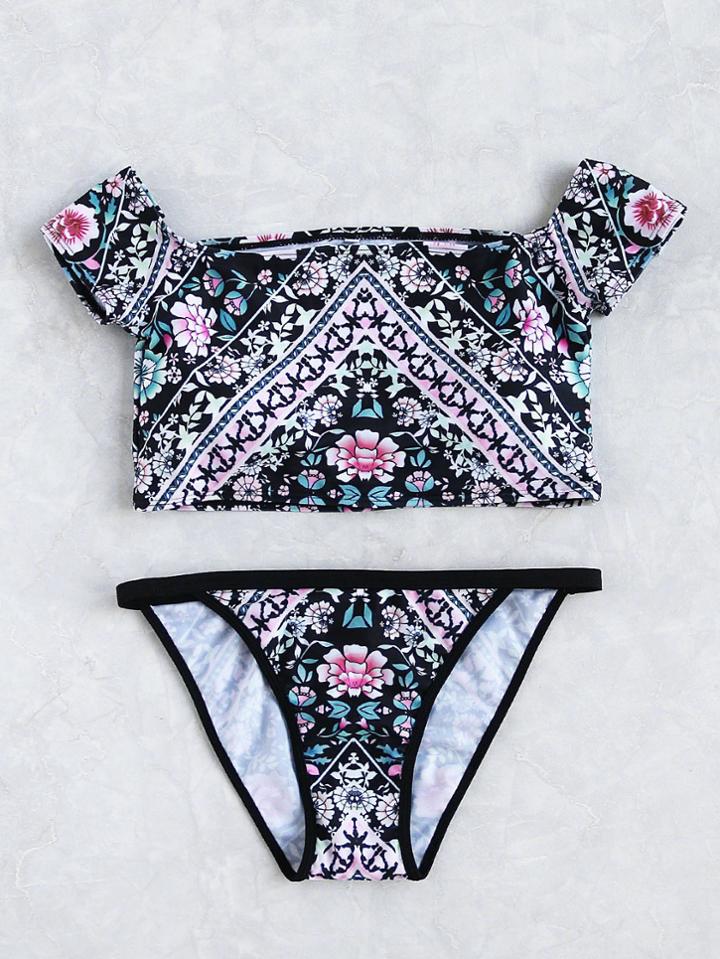 Romwe Calico Print Bardot Bikini Set