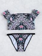 Romwe Calico Print Bardot Bikini Set