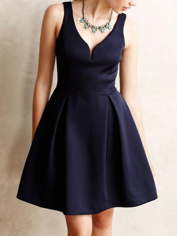 Romwe Navy Sleeveless Sweetheart Flare Dress