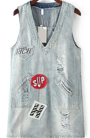 Romwe V Neck Ripped Embroidered Denim Light Blue Dress