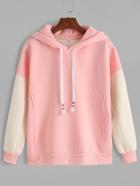 Romwe Pink Contrast Sleeve Drawstring Hooded Sweatshirt