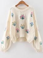 Romwe White Flower Embroidery Drop Shoulder Sweater