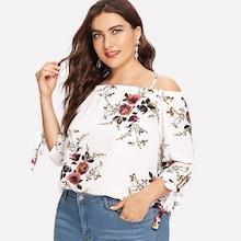 Romwe Plus Cold Shoulder Floral Print Blouse