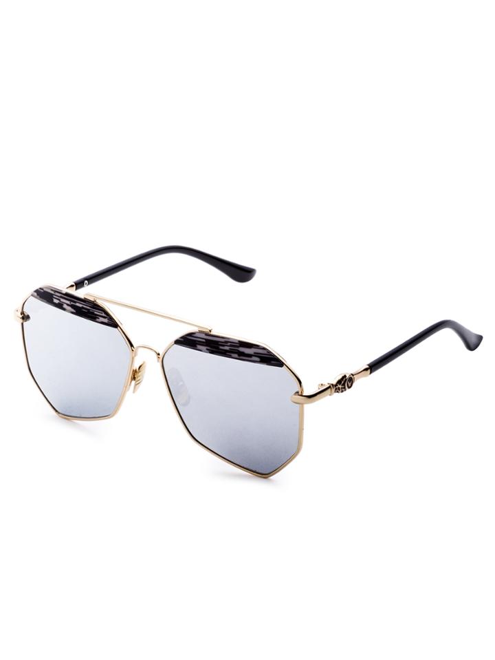 Romwe Silver Mirrored Lenses Brow Bar Hexagon Aviator Sunglasses