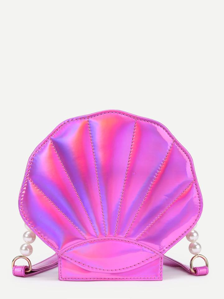 Romwe Faux Pearl Detail Shell Shaped Pu Crossbody Bag