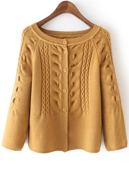 Romwe Raglan Sleeve Cable Knit Khaki Cardigan