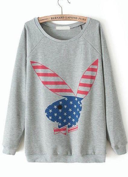 Romwe Rabbit Print Loose Grey Sweatshirt