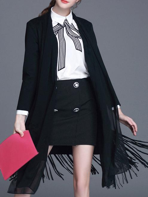 Romwe Waterfall Collar Fringe Chiffon Insert Suede Coat