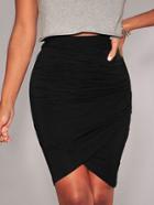 Romwe Black Ruched Wrap Bodycon Skirt