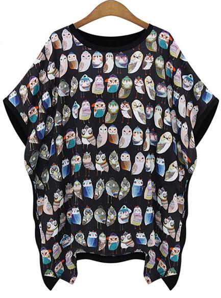 Romwe Bat Sleeve Owl Print Black T-shirt