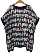 Romwe Bat Sleeve Owl Print Black T-shirt