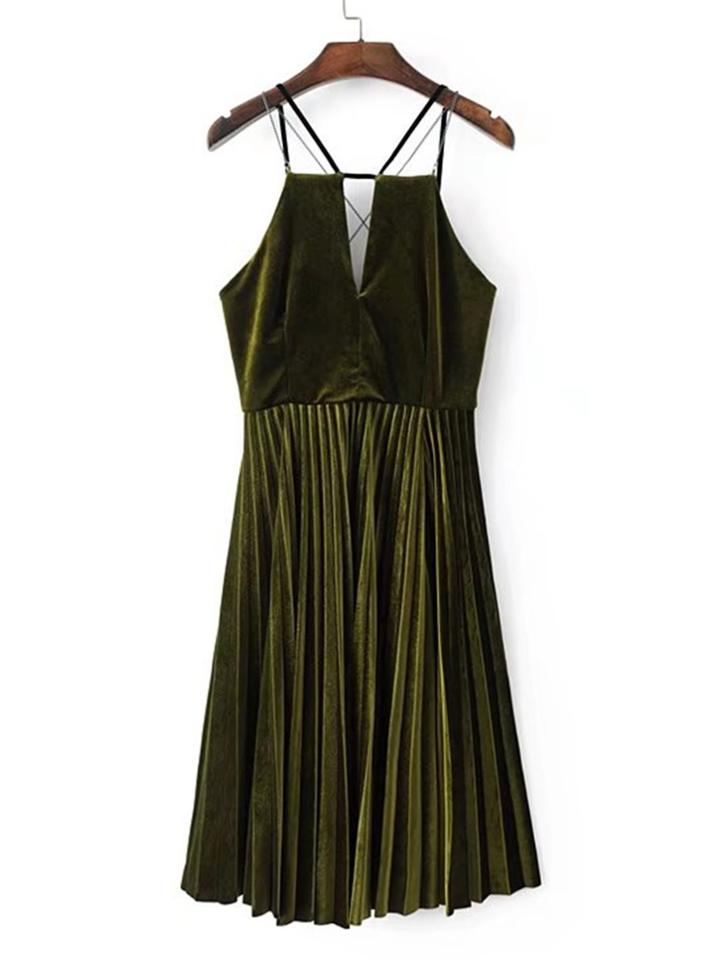 Romwe Cross Back Pleated Velvet Cami Dress