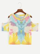 Romwe Multicolor Pastel Tie Dye Print Open Shoulder T-shirt