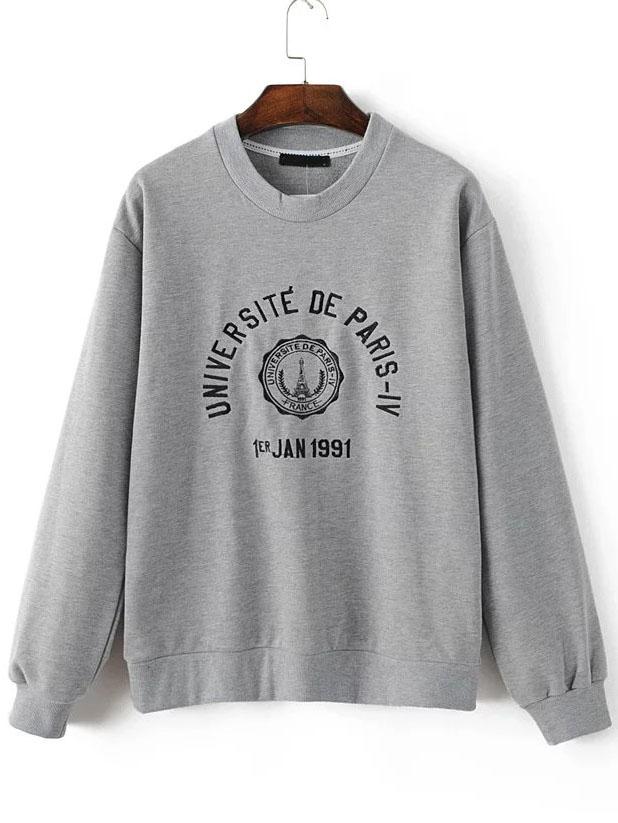 Romwe Grey Tower Embroidered Long Sleeve Sweatshirt