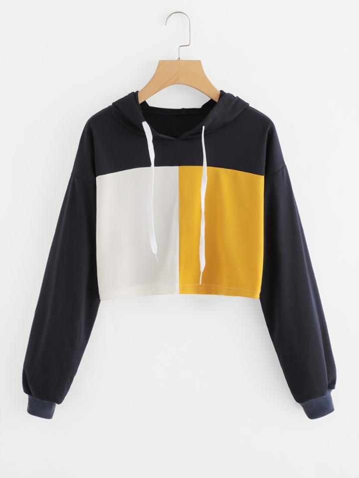 Romwe Color Block Drawstring Crop Hoodie