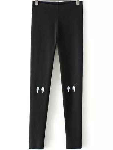 Romwe Eyes Embroidered Slim Black Leggings