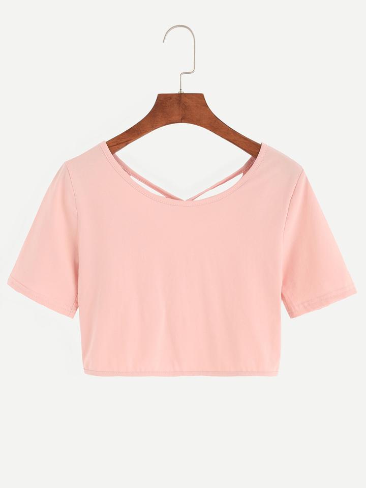 Romwe Pink Hollow Out Crisscross Back Crop T-shirt