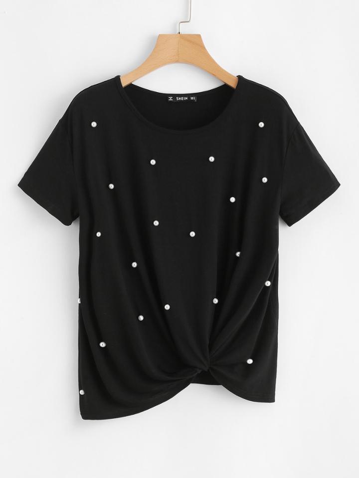 Romwe Pearl Embellished Twist Front Tee