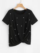 Romwe Pearl Embellished Twist Front Tee