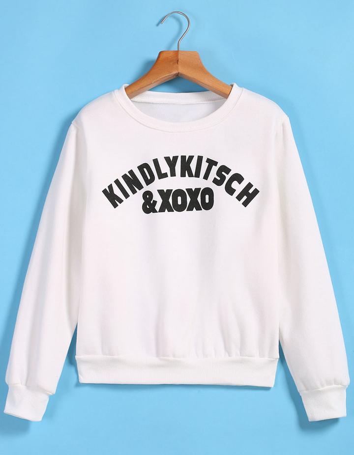 Romwe Xxoo Print Crop White Sweatshirt